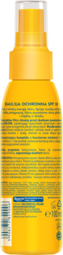 Tył żółtej emulsji ochronnej Dax Sun SPF 30 w sprayu, z polskim opisem, listą składników i kodem kreskowym.