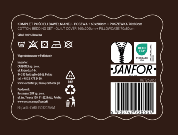 Brązowa etykieta kompletu pościeli 100% bawełna 160x200cm z informacjami o praniu i kodem kreskowym.
