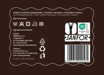 Ciemna etykieta bawełnianego zestawu pościeli: wymiary 160x200, skład 100% bawełna, logo Oeko-Tex, Sanfor i kod.