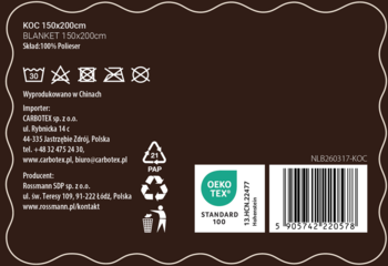 Brązowa etykieta koca 150x200cm ze 100% poliestru. Widoczne instrukcje prania, importer, certyfikat OEKO-TEX, kod kreskowy.