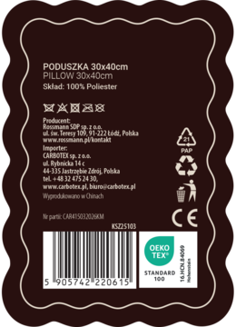 Etykieta poduszki 30x40cm ze 100% poliestru, widok tyłu z instrukcją i certyfikatem OEKO-TEX na brązowym tle.