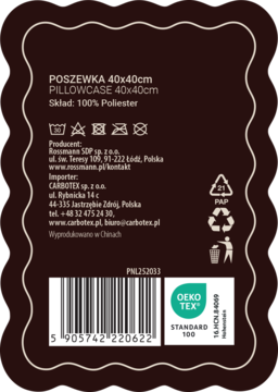 Brązowa etykieta poszewki 40x40cm z 100% poliestru, tył opakowania z symbolami prania, kodem i Oeko-Tex.