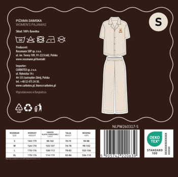 Etykieta beżowej piżamy damskiej ze 100% bawełny. Widoczna ilustracja koszuli i spodni, tabela rozmiarów, instrukcje.