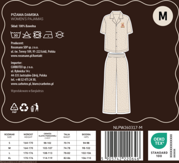 Metka piżamy damskiej ze 100% bawełny w kolorze beżowym, z grafiką dwuczęściowego kompletu i tabelą rozmiarów.