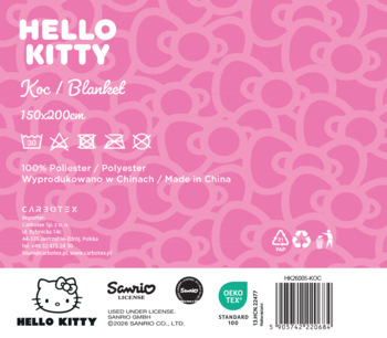Różowy koc Hello Kitty 150x200cm z wzorem kokardek, etykieta produktu 100% poliester, Made in China.