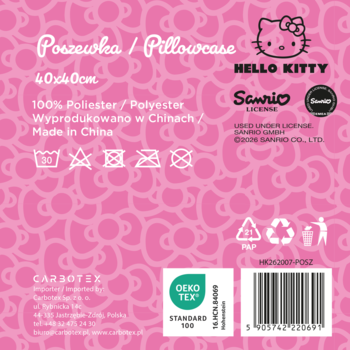 Różowa etykieta Hello Kitty 40x40cm, 100% poliester, z symbolem OEKO-TEX i instrukcjami prania poduszki.