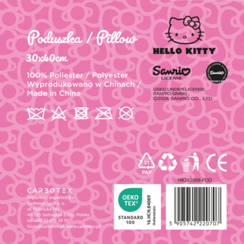 Różowa etykieta poduszki Hello Kitty Sanrio 30x40cm, z wzorem kokardek. Zawiera skład, kraj produkcji i symbole prania.