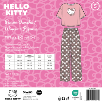Różowa piżama damska Hello Kitty: krótka koszulka z białym logo i długie spodnie w wzór Hello Kitty, na różowym tle.
