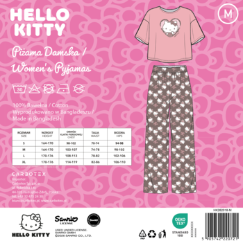 Różowa piżama damska Hello Kitty: crop top z dużym kotkiem i długie spodnie w biały wzór na różowym tle.