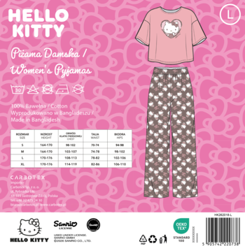 Ilustracja: damska piżama Hello Kitty, różowa koszulka z logo, długie spodnie w białe głowy na brązowym tle.