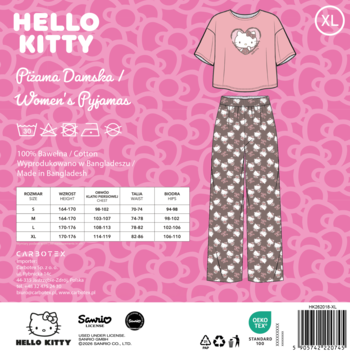 Różowa piżama damska Hello Kitty XL z sercem na koszulce i wzorzystymi spodniami. Widok z przodu.