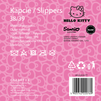 Różowa etykieta kapci Hello Kitty rozmiar 38/39 z wzorem kokardek. Widoczne logo Sanrio, materiał poliester.