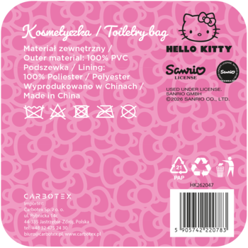 Tył różowej kosmetyczki Hello Kitty z PVC, z nadrukiem kokardek, zawierający informacje o materiale i instrukcje prania.