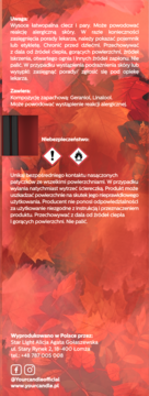 Tył czerwonego opakowania dyfuzora zapachowego. Ostrzeżenia o łatwopalności, składniki: Geraniol, Linalool.