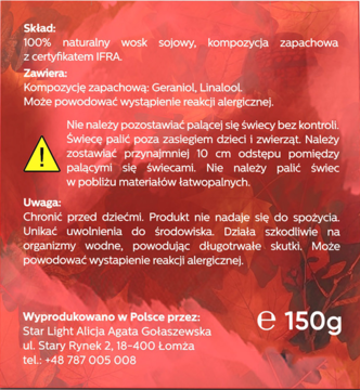 Tył czerwonego opakowania świecy sojowej 150g, z tekstem o składzie (wosk sojowy, kompozycja zapachowa) i ostrzeżeniami.