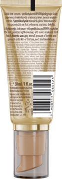 Tył złotej butelki lekkiego tint-serum 30ml z prebiotykami i PDRN, widocznym kodem kreskowym i etykietą.