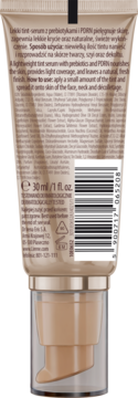 Tył beżowego lekkiego tint-serum z prebiotykami w tubce z pompką, widoczna etykieta ze składem i kod EAN.