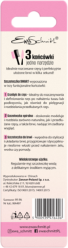 Tył różowo-beżowego opakowania Ewa Schmitt szczoteczki 3w1 do brwi i rzęs z opisem funkcji.
