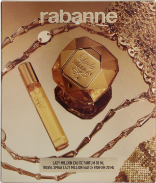 Złoty zestaw perfum Rabanne Lady Million, zawiera diamentową butelkę 80ml i travel spray 10ml, na pudełku z łańcuszkiem.