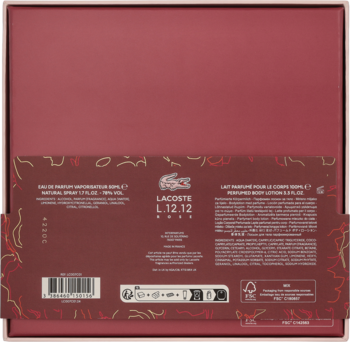Tył ciemnoczerwonego zestawu prezentowego Lacoste L.12.12 z widocznymi informacjami o wodzie perfumowanej i balsamie.