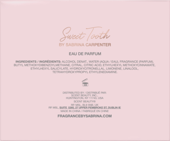 Tył różowego opakowania Sabrina Carpenter Sweet Tooth Eau de Parfum ze składnikami i danymi producenta.