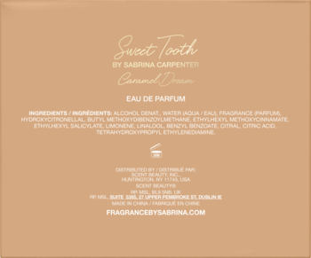 Tył karmelowego opakowania Sweet Tooth Caramel Dream Eau de Parfum z widocznym składem i danymi producenta.