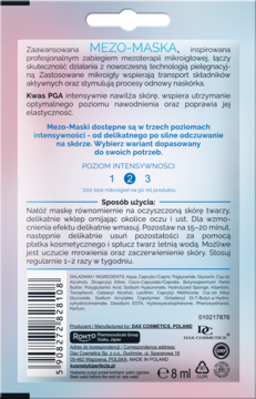 Tył srebrno-niebieskiej saszetki Nawilżającej Mezo-Maski Bielenda, z polskim opisem użycia i składników.