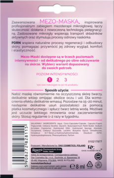 Tył opakowania rozświetlającej mezo-maski do twarzy 8 ml, biało-różowe, z polskim opisem i kodem EAN.