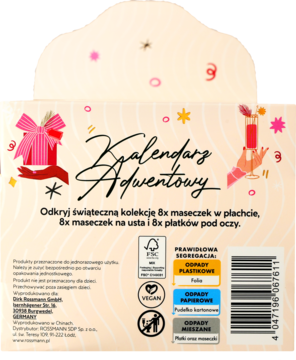 Tył kalendarza adwentowego z kosmetykami: 8 masek w płachcie, 8 na usta, 8 płatków pod oczy. Beżowe tło, świąteczne motywy.