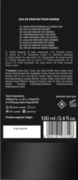Tył czarnego opakowania męskiej wody perfumowanej 100 ml, z listą składników, kodem kreskowym i ikonami.