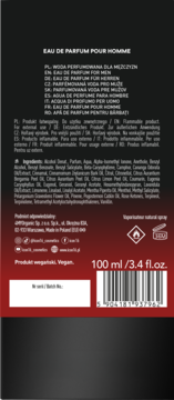 Tył czarnej butelki perfum męskich Eau de Parfum Pour Homme, z białą listą składników, objętością 100 ml i ikonami ostrzegawczymi.