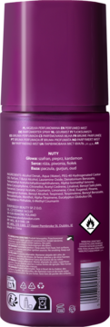 Tył fioletowego perfumowanego sprayu. Etykieta ze składnikami, nutami zapachowymi (szafran, kardamon) i ostrzeżeniami.