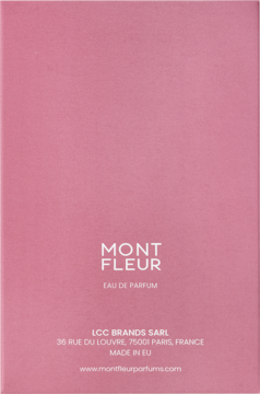Różowe pudełko Mont Fleur Eau de Parfum. Widok z przodu pokazuje logo, adres i 'Made in EU'.