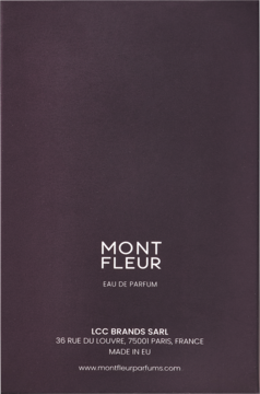 Tył ciemnego opakowania perfum Mont Fleur Eau de Parfum z białym logo, adresem producenta i stroną www.