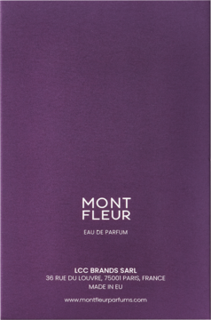 Tył fioletowego opakowania Mont Fleur Coffee Dream, Eau de Parfum, z danymi producenta i adresem www.