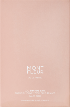 Tył jasnoróżowego opakowania perfum Mont Fleur Spicy Saffron. Widoczny napis Eau de Parfum i dane producenta.