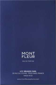 Tył ciemnoniebieskiego opakowania Mont Fleur Eau de Parfum z białym logo i informacjami producenta.