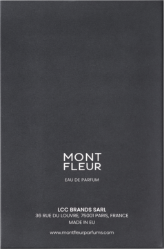 Tył czarnego opakowania perfum Mont Fleur Eau de Parfum z białym tekstem, adresem i info Made in EU.