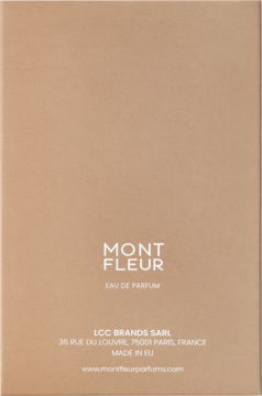 Tył beżowego opakowania Mont Fleur Eau de Parfum z białym logo i danymi producenta we Francji.