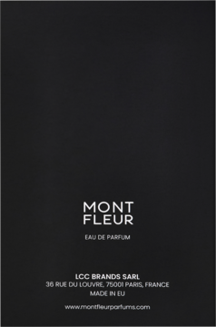 Tył opakowania perfum Mont Fleur Oud Pleasure Eau de Parfum. Czarne tło, białe logo i dane producenta.