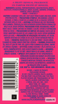 Tył różowego opakowania wody toaletowej Ralph Lauren Big Pony 2 Pink z kodem kreskowym i listą składników.