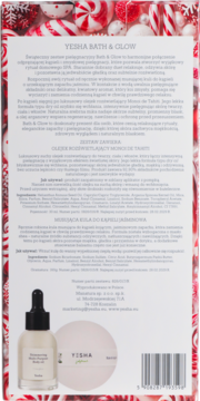 Tył pudełka zestawu Yesha Bath & Glow z motywem świątecznym, widoczne olej do ciała z zakraplaczem i kula do kąpieli.