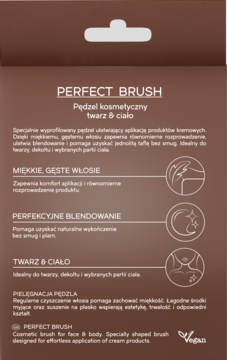 Tył brązowego opakowania pędzla Perfect Brush do makijażu twarzy i ciała z opisem właściwości, vegan.