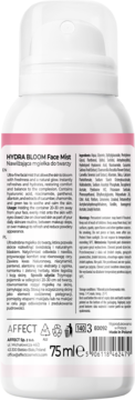 Biała butelka AFFECT HYDRA BLOOM Face Mist 75 ml, tył z listą składników nawilżającej mgiełki.