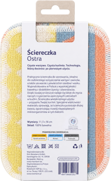 Tył opakowania trzech bawełnianych ściereczek Ostra do kuchni, wzorzystych, w kolorach żółtym, pomarańczowym, niebieskim.