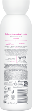 Tył białej butelki żelu Dove Body+Mind Pink Dragon Fruit & Primrose, z różowymi napisami i kodem EAN.