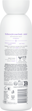 Tył białej butelki Dove Body + Mind French Lavender & Oat Milk żel pod prysznic 350ml, z listą składników.