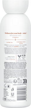 Tył białej butelki żelu Dove Jojoba Oil & Coconut Milk 350ml, z Wit. E, antyoksydantami i pełnym składem.