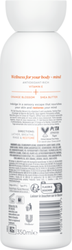 Tył białej butelki żelu Dove Body+Mind Orange Blossom & Shea z tekstem i kodem kreskowym, 350ml.