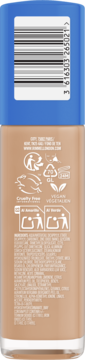 Tył płynnego podkładu Rimmel Match Perfection, beżowy, z kodem kreskowym, ikonami Cruelty Free i Vegan.